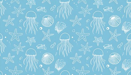 Seamless pattern of light-blue marine life