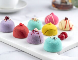 Colorful miniature cakes arranged on a white tray