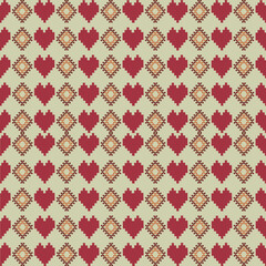  seamless textile pattern featuring pixel-style red hearts alternating with diamond motifs, evoking a warm handmade embroidery feel.