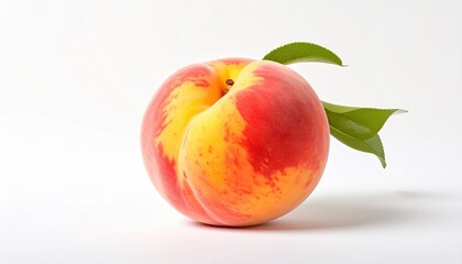 Single peach with leaves against white.  A whole, ripe peach,  showing a blend of  red and yellow hues, rests on a plain white surface.  