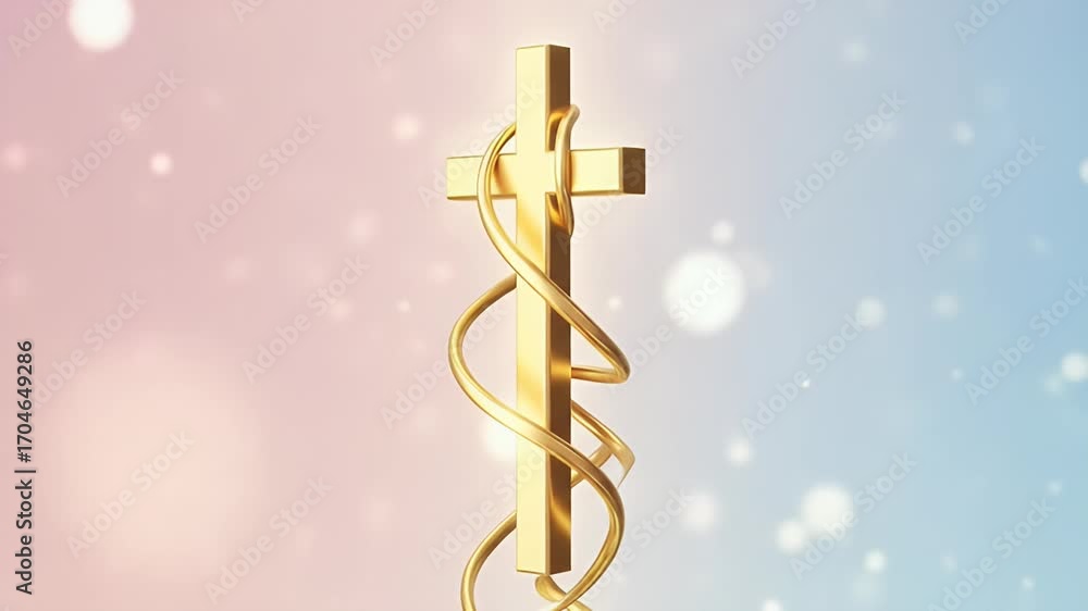Poster 3d golden cross symbol with swirls on gradient background