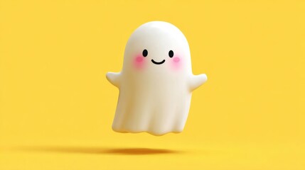 Cute and friendly cartoon ghost character with blushing cheeks floating against a vibrant yellow background