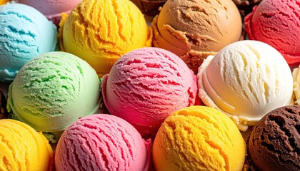 Close-up of assorted ice cream scoops.  Colorful, textured ice cream balls in various shades of yellow, pink, light blue, and more.  A mix of flavors