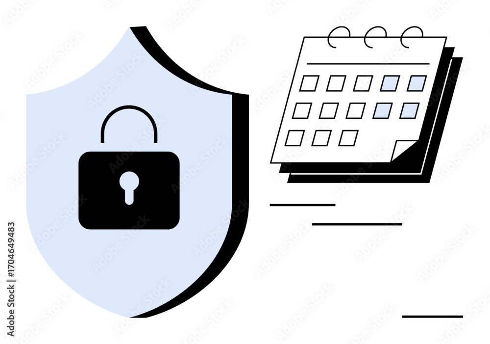 Poster padlock on shield for cybersecurity and privacy next to a calendar for scheduling. ideal for plannin