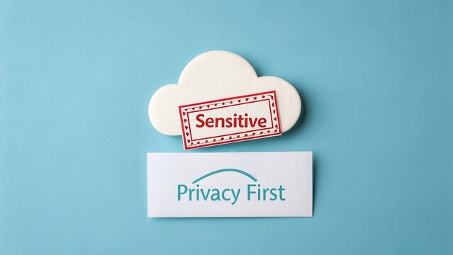 Cloud Icon with Sensitive Label and Privacy First Concept