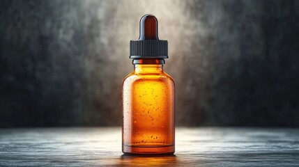 Amber glass dropper bottle with black cap standing on wooden surface against a textured dark background, illuminated with soft warm light