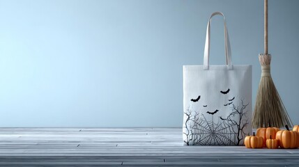 Festive halloween decoration with a candy bucket broom and small pumpkins on a wooden surface against a blue background