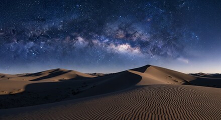Stunning nightscape over desert dunes, showcasing the Milky Way's celestial beauty and vastness.