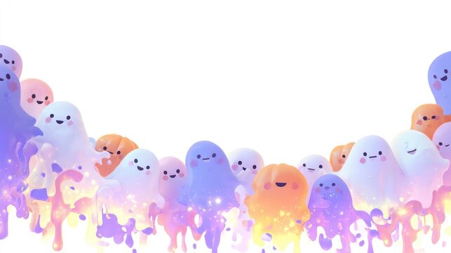 Whimsical pastel colored friendly cartoon ghosts with happy faces creating a playful halloween border on white background