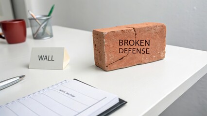 Broken Defense Brick on Desk with Note and Pen in Modern Workspace