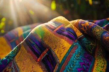 A colorful handwoven Ecuadorian poncho, with geometric patterns and vibrant hues, captured in soft light to showcase its texture.