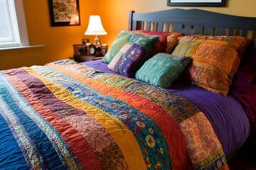 A colorful patchwork quilt with various traditional patterns folded neatly to show off its richness 
