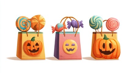 Three festive halloween candy bags filled with colorful lollipops and carved pumpkins on a white background