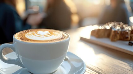 Latte art on cappuccino with croissant and blurred people in the background, perfect for a coffee