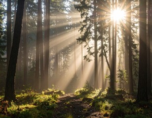Obraz premium Sunbeams pierce a misty forest path