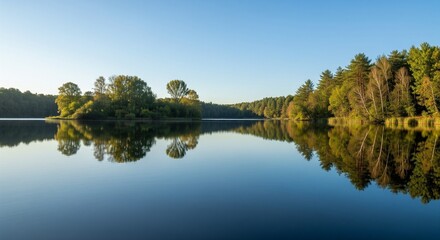 Serene lake reflects lush green trees and island under a clear blue sky at sunrise.