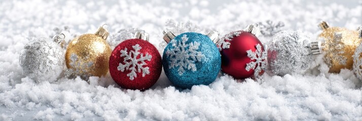 Colourful Christmas baubles on snow, wide panoramic shot. Golden, red and blue New Year ornaments with snowflakes or winter holiday season