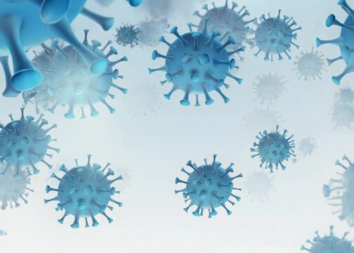 Blue virus particles floating in a hazy light blue background coronavirus COVID-19