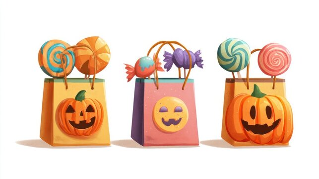 Three festive halloween candy bags filled with colorful lollipops and carved pumpkins on a white background