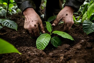 A close-up shot of hands delicately picking young cacao trees in rich, dark soil, with the freshly dug earth around the plant offering strong textures. The image captures the contrast.