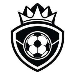 Obraz premium Black silhouette of a soccer emblem with a crown and a soccer ball on a white background Keywords: soccer, football, crest, emblem, logo, badge, shield, crown, royal, king, queen, royalty, sport