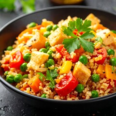 Colorful mixed rice dish with vegetables and protein