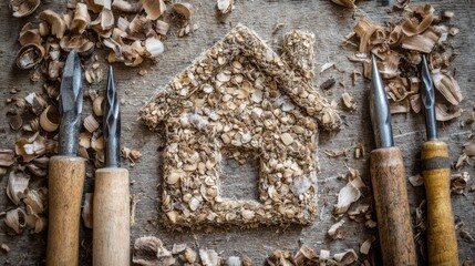 Wood shavings art of a house shape on a workbench.