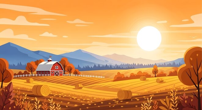 Golden hour sunset over a picturesque autumn farm landscape with a classic red barn and rolling fields of hay Autumn Background