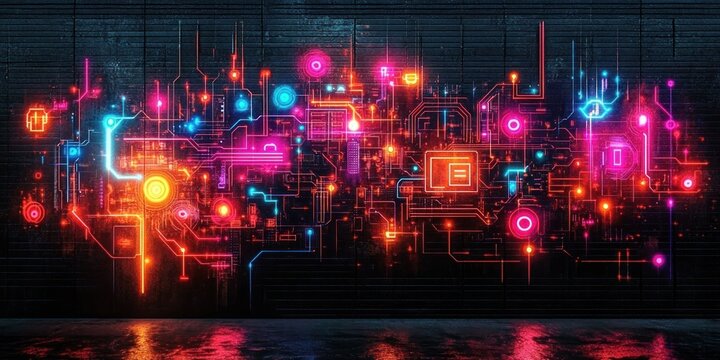 Vibrant glowing neon circuit board pattern on dark textured wall with reflections on floor expressing energetic technological ambiance
