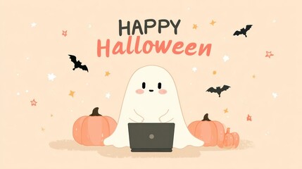 Cute cartoon ghost with pumpkins and bats using a laptop for halloween celebration