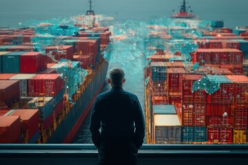 Manager Overlooking Global Shipping Operations and Logistics with Containers on Water