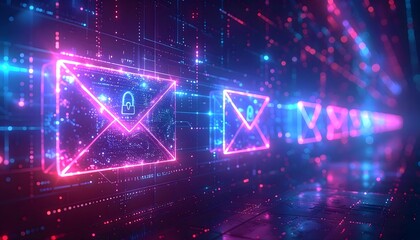 Glowing holographic email envelope icons with cybersecurity lock symbol