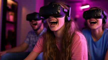 Immersive virtual reality experience showcasing joyful user reactions and futuristic gaming