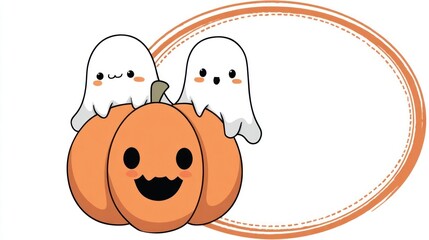 Two adorable cute cartoon ghosts peeking over a happy jack o lantern pumpkin with a circular frame