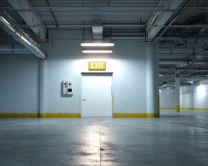 Illuminated Emergency Exit Signage in Industrial Parking Area