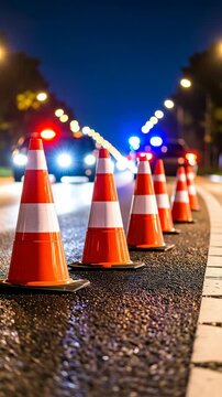 Police vehicle with flashing emergency lights behind line of traffic cones creating roadblock on night road.