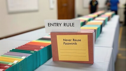 Colorful Password Management Cards Display with Rules Signage