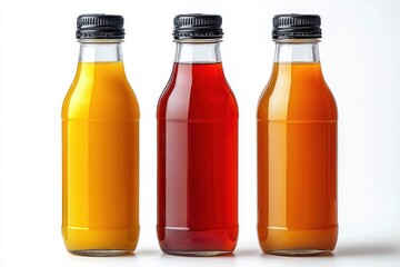 Three clear glass bottles with black caps containing yellow, red, and amber colored liquid juices arranged in a row on a white background