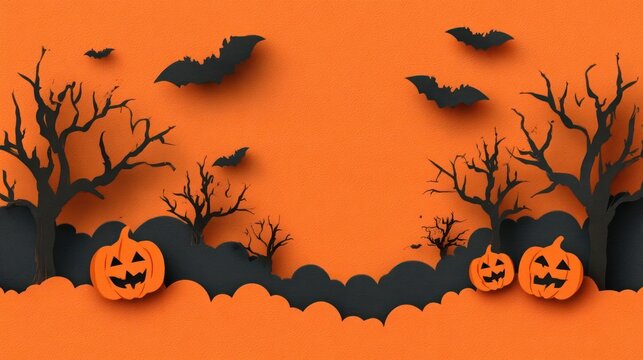 Spooky halloween paper cut scene with silhouetted trees pumpkins and bats against an orange background - Powered by Adobe