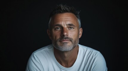 Fototapeta premium Intense gaze of a mature man with salt and pepper hair against a stark black backdrop