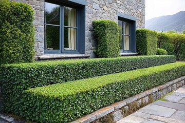 Neatly trimmed green hedges decorating the exterior stone wall of a house with windows and mountains in the background on a clear day