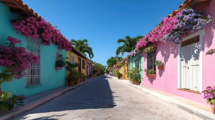 Charming streetscape with vibrantly painted buildings adorned with bougainvillea blossoms creating