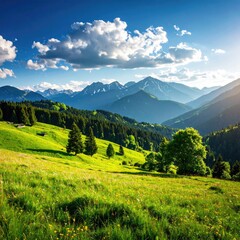 Lush alpine meadow stretches towards a mountain range under a vibrant, sunny sky.  