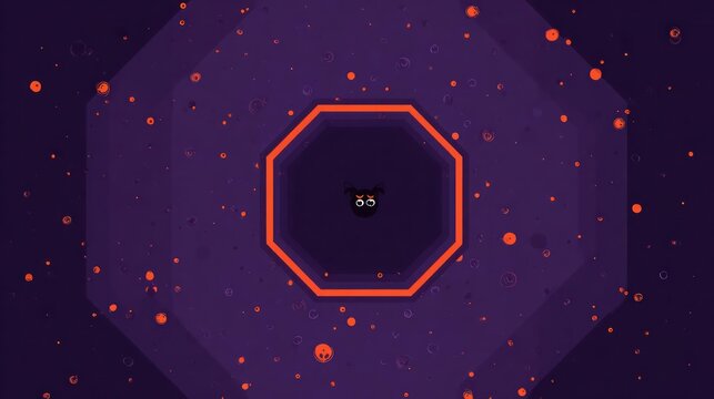 Abstract geometric octagon shape with glowing orange outline against a dark purple cosmic background with scattered small orange particles - Powered by Adobe