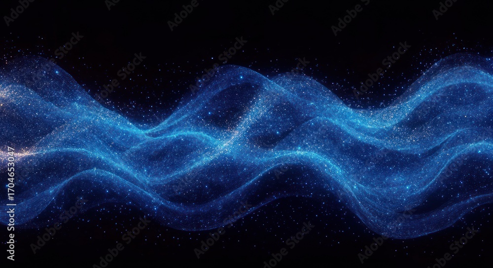 Poster Abstract flowing waves of blue particles and light dots on a dark background creating a dynamic cosmic and futuristic visual effect