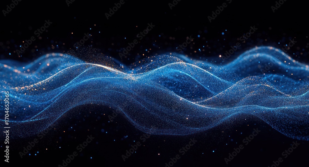 Poster glowing blue and gold particles forming undulating wave patterns on a dark background, evoking a sen