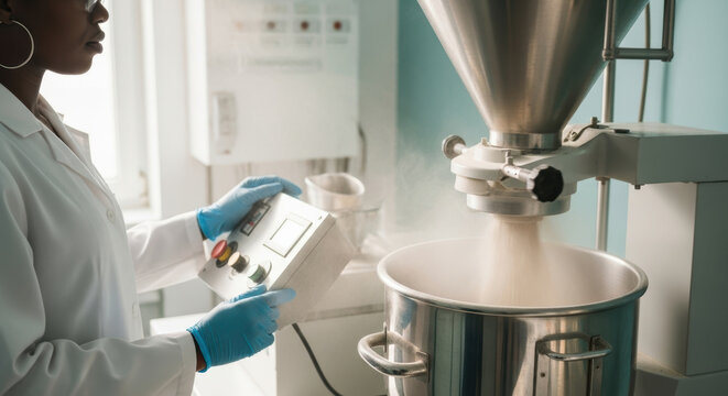 Technician operating automated industrial food processing machine for powdered ingredient production in modern laboratory environment - Powered by Adobe