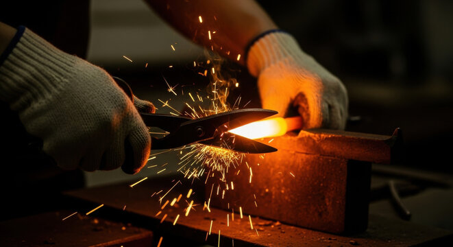 Metalworker skillfully cutting heated steel rod with tongs and thick gloves in workshop setting as bright orange sparks fly during fabrication process