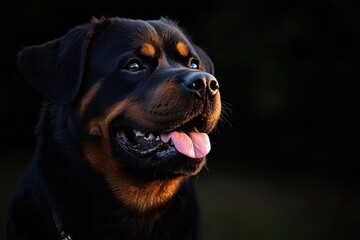Fototapeta premium Close-up portrait of a happy black and brown dog with its tongue out looking into the distance against a dark background