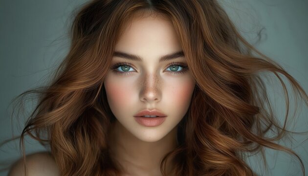 Close-up portrait of a young woman with flowing auburn hair and striking blue-green eyes, natural makeup, and a calm, confident expression